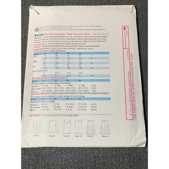 Kwik Sew K4199 Womens Jacket Tank Top Skirt Pattern Sizes 1X-4X uncut - Picture 2 of 2